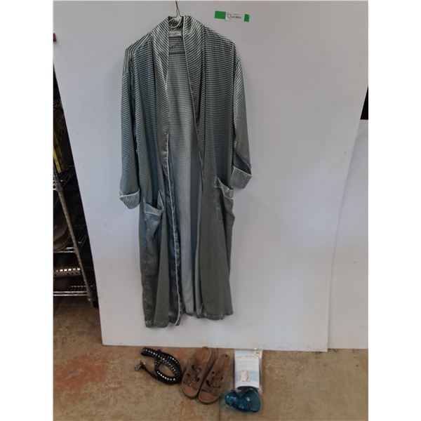 Vanity Fair Ladies Robe - Size M, Sandals, Belt, Fast Drying Tank Top, Blue Glass Dish