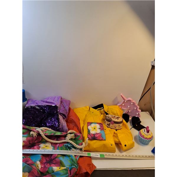 Purple Mermaid Tail, Hawaiian Beach Bag, (2) Raincoats, Kid Toys, Misc