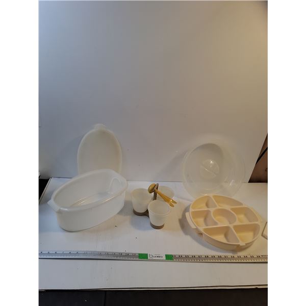 (3) Vintage Tupperware; Assortment Container, Sauce/Soup Set Container, Misc