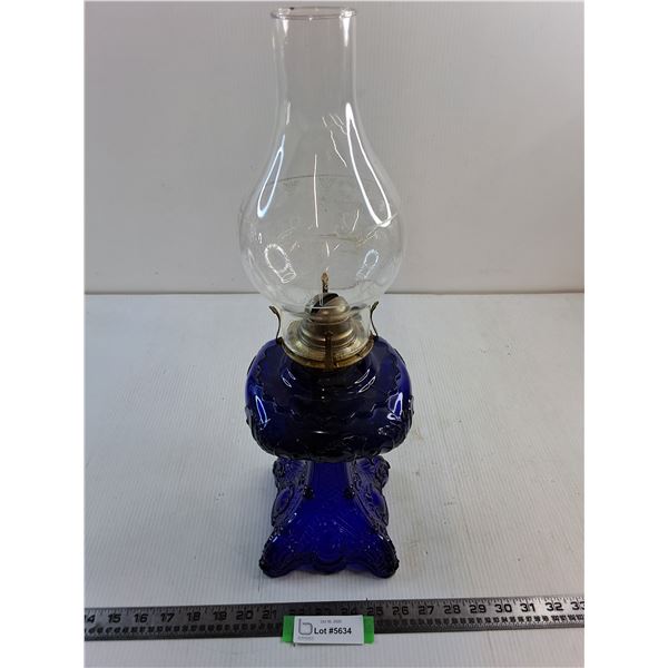 Vintage Blue Glass Oil Lamp w/Chimney - 19.5" Tall