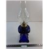 Image 1 : Vintage Blue Glass Oil Lamp w/Chimney - 19.5" Tall