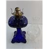 Image 2 : Vintage Blue Glass Oil Lamp w/Chimney - 19.5" Tall