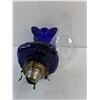Image 3 : Vintage Blue Glass Oil Lamp w/Chimney - 19.5" Tall