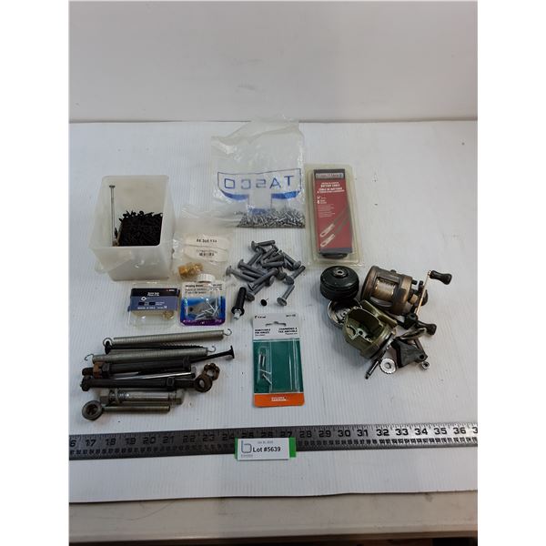 Assorted Screws, Bolts, Fish Reel, Battery Cable, Misc.