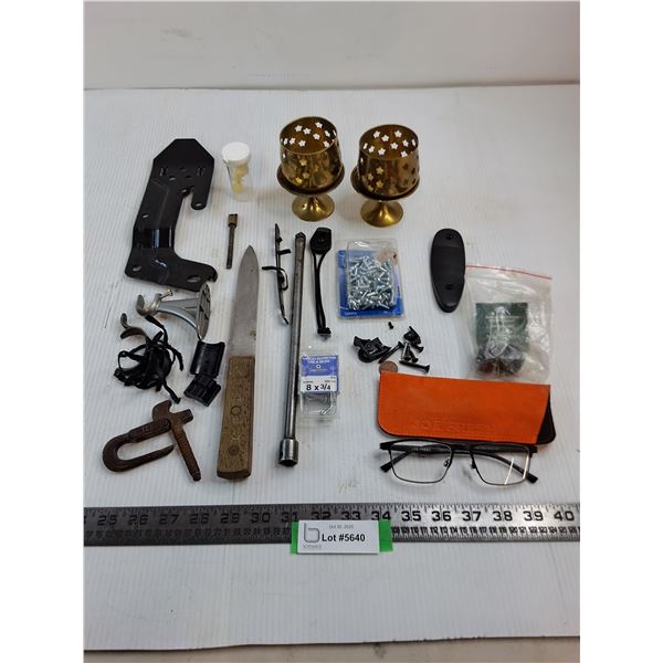 Assorted Screws, Glasses, Candle Holders, Hardware, Misc.