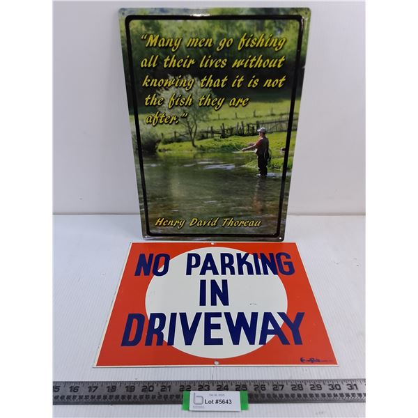 "No Parking in Driveway" Sign - 14x11", Metal "Fishing Deep Thought" Decor - 12x17"
