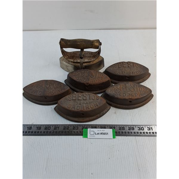 (5) Vintage Sad Irons & Handle Attachment