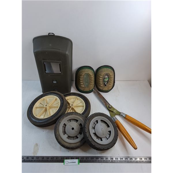 (2) Pairs of Lawn Mower Wheels, Garden Knee Pads, Plastic Cover, Pruning Shears