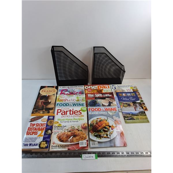 (12) Cooking/Entertaining Books/Magazines, (2) Metal Magazine Holders