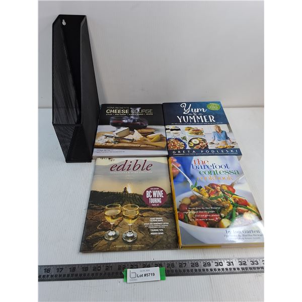 (4) Cooking/Fine Dining Books, Metal Magazine Holder