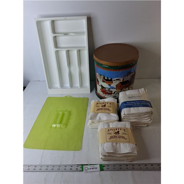 Bar Mop Cloths, Christmas Tin Can 11" Tall, Cutlery Tray, Misc.