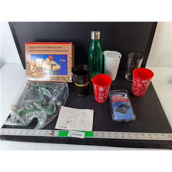 Apple Parer/Corer/Slicer- Appears NIB, Inflatable Neck Pillow, Cups