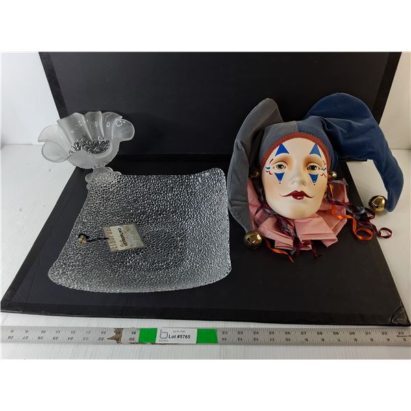 (2) Glass Bowls Up to 11.75" Diameter, Porcelain Jester Wall Art