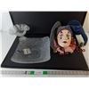 Image 1 : (2) Glass Bowls Up to 11.75" Diameter, Porcelain Jester Wall Art