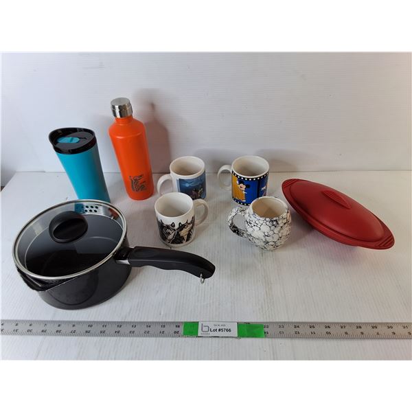 Revere Ware Pot with Lid, (4) Mugs, Water Bottle, Misc.