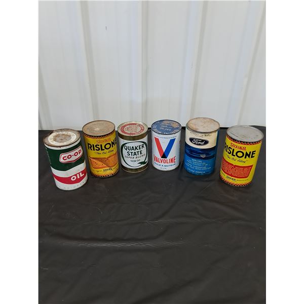 (6) Full Oil Cans-Coop, Risolene, Ford, Quaker State, Valvoline