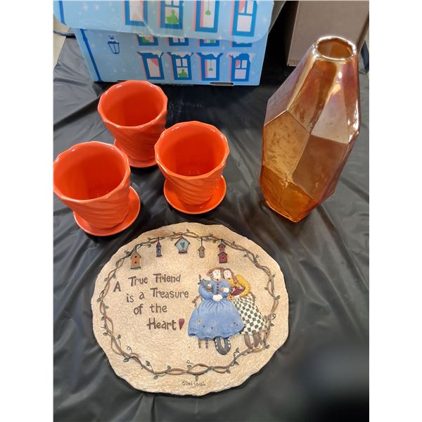 Glass Vase, True Friend Stepping Stone,  (3) Ceramic 5in Plant Pots