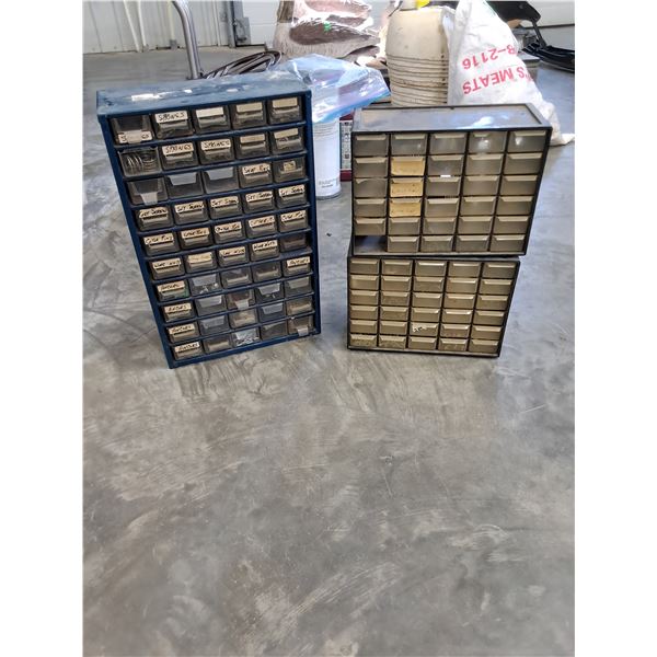 (3) Hardware Organizers- 48 slot, (2) 30 slot, 1 missing drawer.