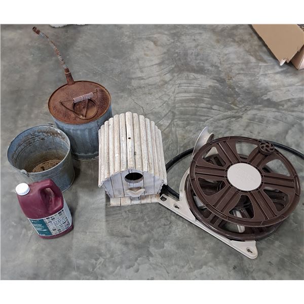 Garden Items-Hose Reel, Pail, Fuel Can, Birdhouse
