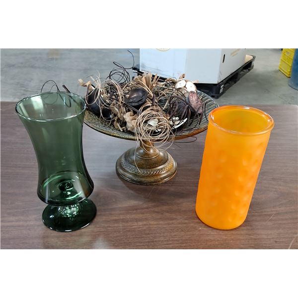 Tin Decorative Bowl with Dried Plant Assortment, (2) Vases