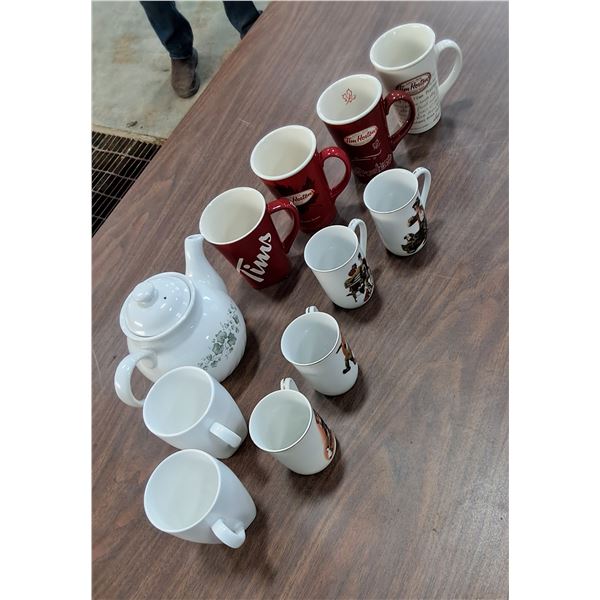 Teapot, (4) Tim Hortons Mugs, (4) Norman Rockwell Mugs, (2) White Mugs, Stainless Steel Kettle