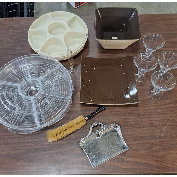 Divided Serving Containers, Stokes Bowl and (2) Plates, (4) Martini Glasses, Silent Butler