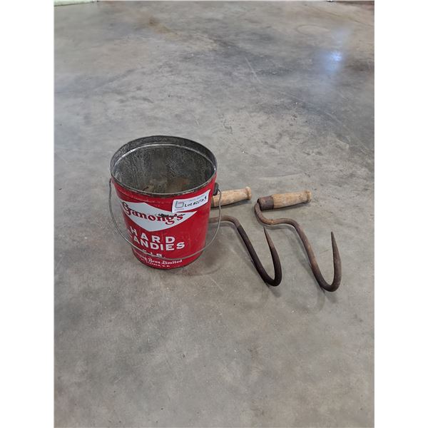 Ganong's Hard Candy Pail and (2) Meat Hooks