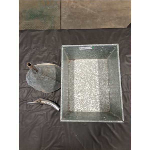 Galvanized Bin and Funnel, Oil Spout