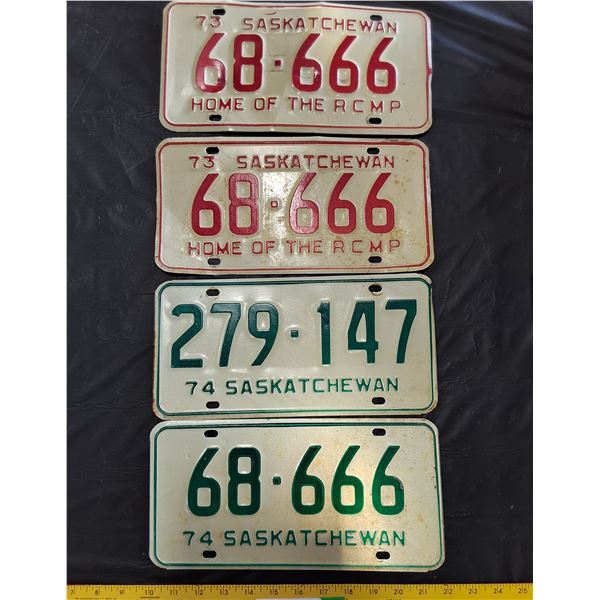 1973 Set of Saskatchewan License Plates,  (2) 1974 Saskatchewan License Plates