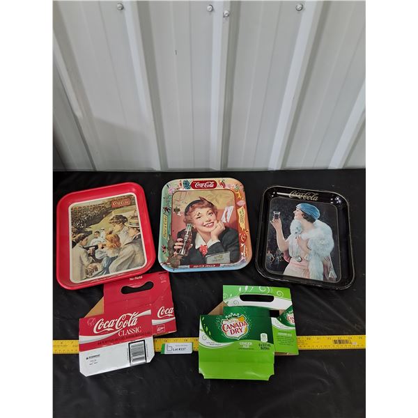 (3) Tin Coca-Cola Trays, (2) Cardboard Bottle Carriers