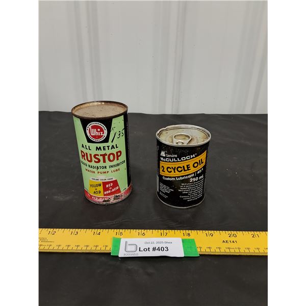 Whiz Rust Stop and McCulloch 2-cycle Oil Cans-full