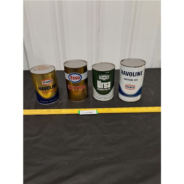 (2) Texaco 1 liter Oil Cans, Esso and Texaco 1 quart Oil Cans-all full