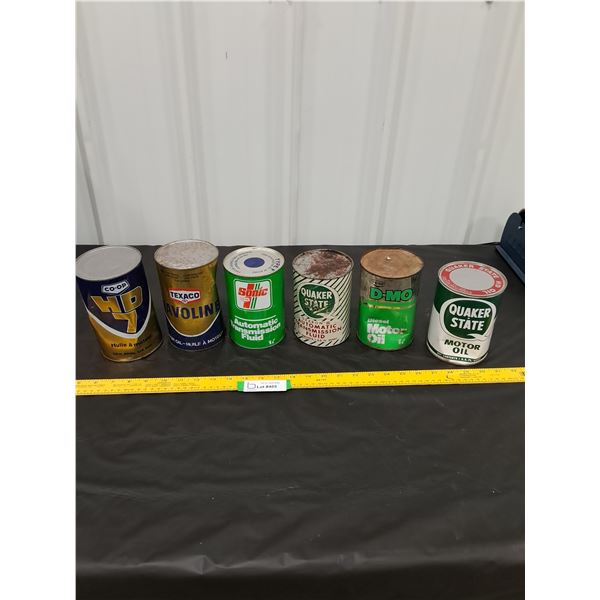 (4) 1 liter, (2) 1 quart Oil and Transmission Fluid Cans-Texaco, Sonic, Quaker State-full