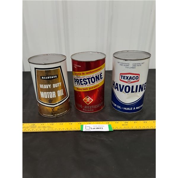 (3) 1 quart Oil Cans-Texaco, Prestone, Allstate- full