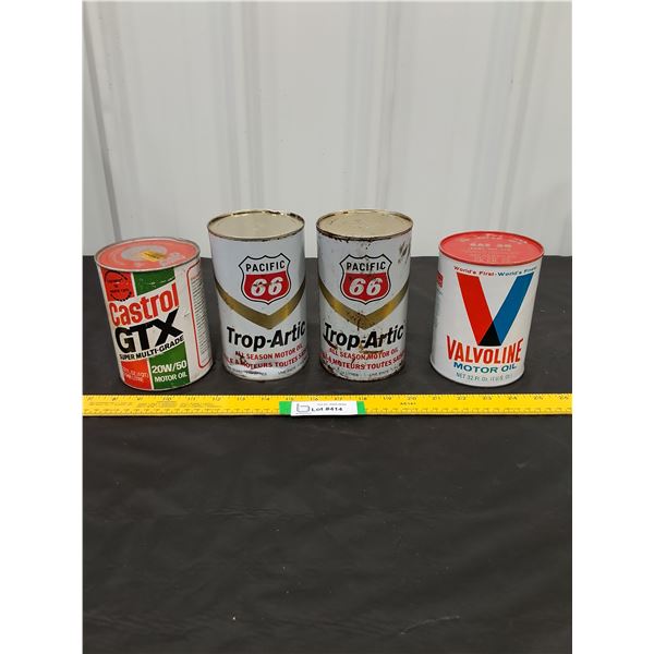 (2) 1 quart Pacific 66 Oil, Valvoline and Castrol Oil Cans-full