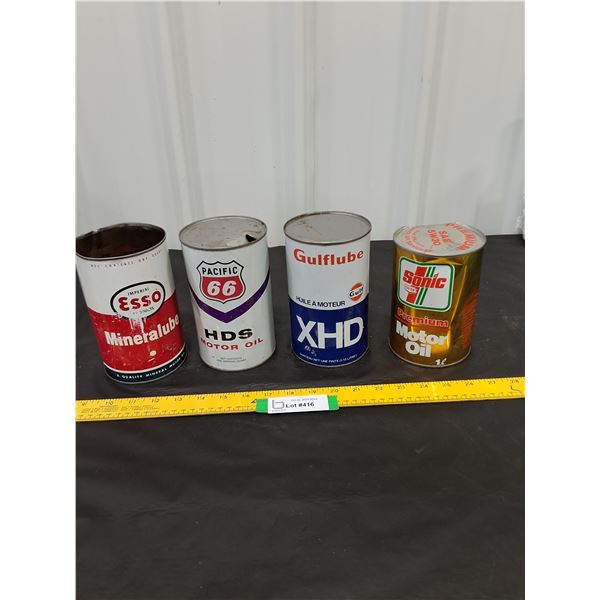 (3) 1 quart Oil-Gulf, Pacific 66, Esso-empty, Sonic Oil Can-full