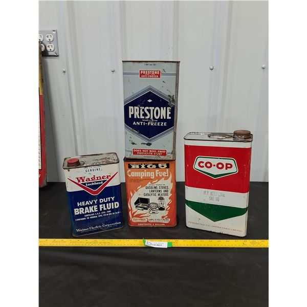 (4) 1 gallon Fluid Cans-Coop, Wagner, Prestone-Empty, Big 5-partial