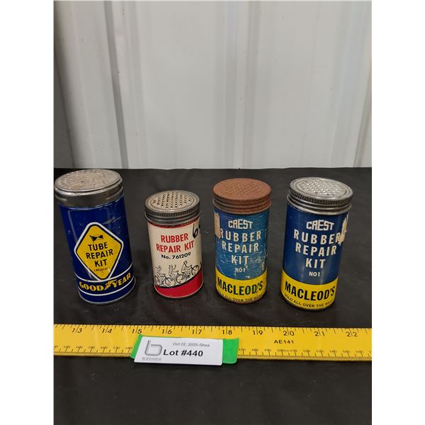 (4) Rubber Repair Kit Cans, some contents-Crest, Good Year