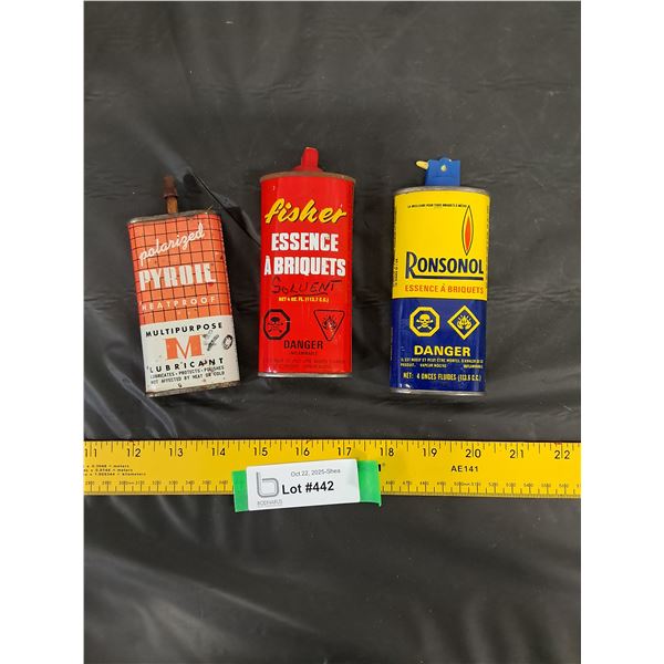 (3) Fluid Cans-Ronsonol, Fisher, Pyroil-empty