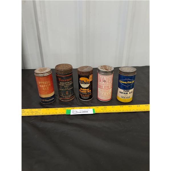 (5) Rubber Repair Kit Cans, some contents-Whiz, Good Year, Firestone