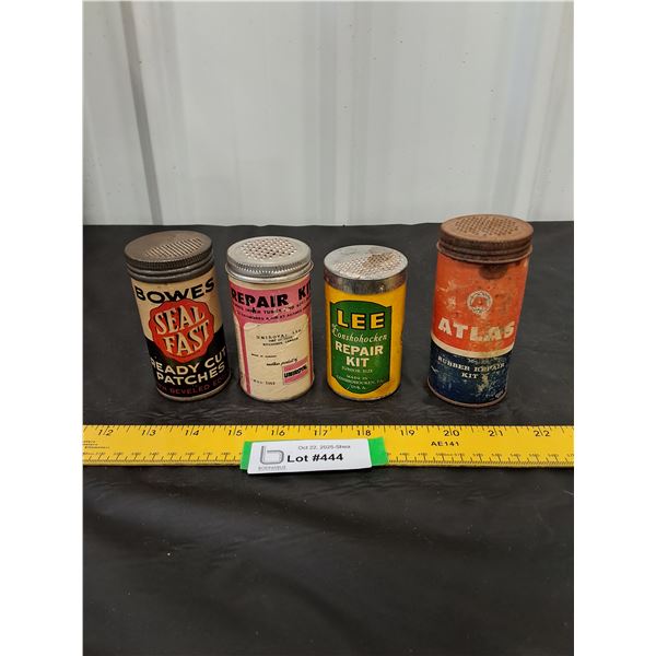 (4) Rubber Repair Kit Cans, some contents-Bowes, Uniroyal, Lee, Atlas