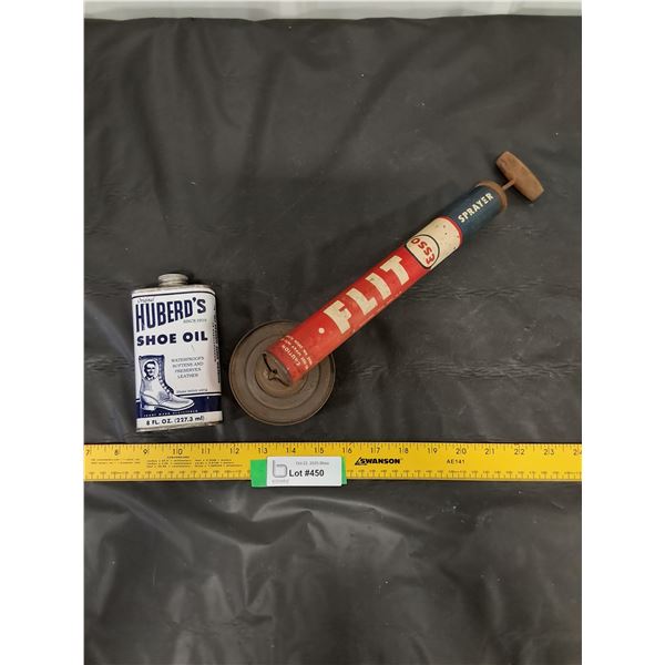 Huberd's Shoe Oil, full, Esso Flit Sprayer, empty