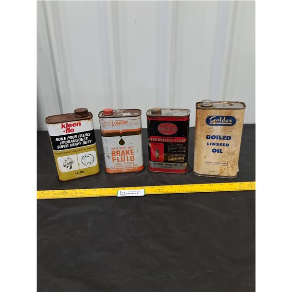 (4) Fluid Cans-Varcon, Kleen flo, QuickAid, empty, Linseed Oil, Partial
