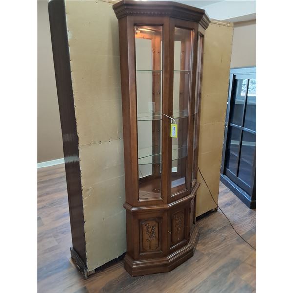 Wood and Glass Display Cabinet with Interior Light and Bottom Storage