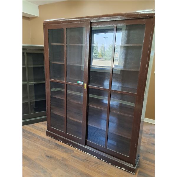 Antique Wood and Glass Display Unit-Doors Slide Well
