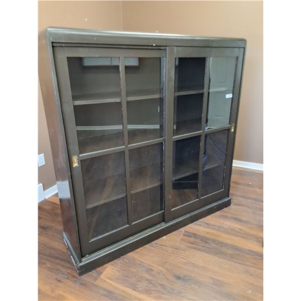 Antique Wood and Glass Display Unit-Doors Slide Well