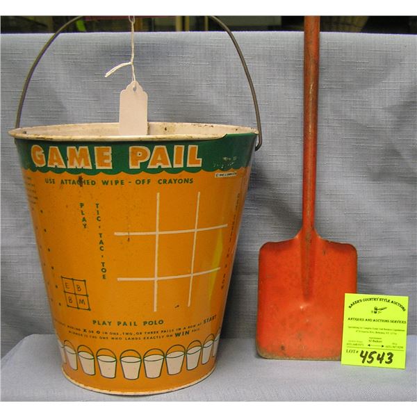 Vintage all tin childs sand pail and shovel set