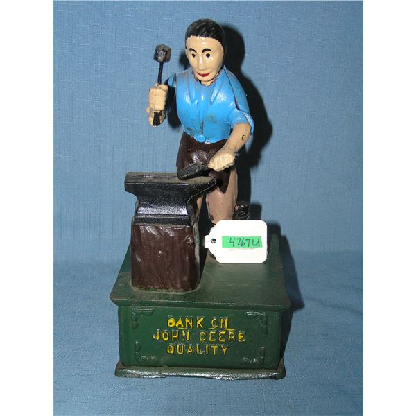 John Deere blacksmith bank hand painted cast iron