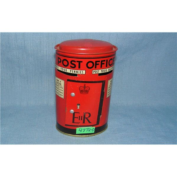 All tin Post Office bank with key