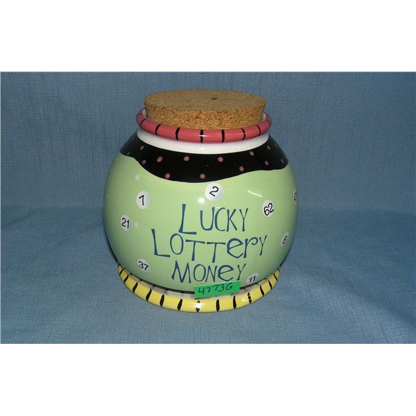 Lucky Lottery money bank jar all painted porcelain